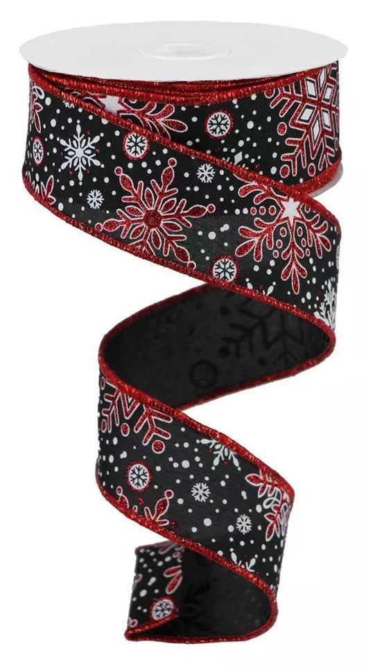 Glitter Snowflake Ribbon, Christmas, Black/White/Red, Royal Burlap, Wired Edged, - Image 1 of 1