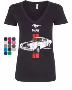 Ford Mustang 50 Years Women's V-Neck T-Shirt GT Boss 302 Shelby Cobra - Picture 1 of 10