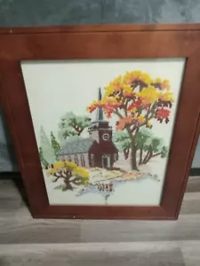 Completed Vintage 1982 Large Framed Little Chruch By The Lake Embroidery - Picture 1 of 1