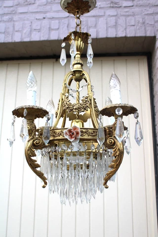 French bronze caryatid figural porcelain flowers crystal pendants chandelier Cover