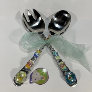 Decorated Salad Serving Fork Spoon Set Wire Wrapped Gems Grey Dog Studios DANSK - Picture 1 of 9
