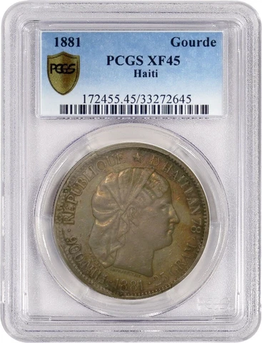 1881 Republic Of Haiti Gourde Silver PCGS Secure Gold Shield XF45 Coin Cover