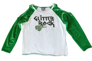 Hope Jeans girls Glitter Rock guitar graphic green velvet cold shoulder top 6 - Picture 1 of 3