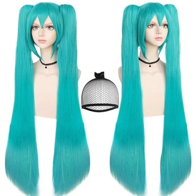 ANOGOL Hair Cap+48inch/120cm Green Wig Cosplay Green Teal wig Double Ponytail... - Image 1 of 4