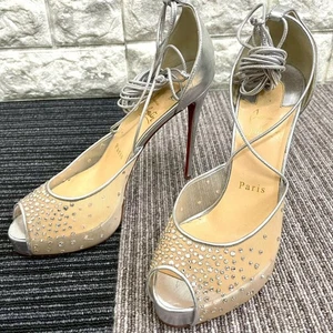 Christian Louboutin Mesh Rhinestone Open Hight Heel Pumps Silver Sandal EU37 - Picture 1 of 12