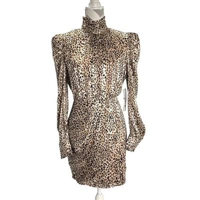 AQUA Leopard Print Chiffon Mini Dress High Neck Long Sleeve Bloomingdales L - Image 1 of 4