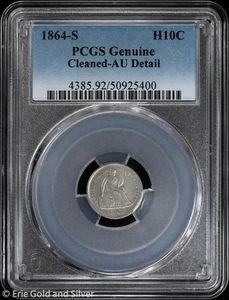 1864-S H10C Seated Liberty Half Dime PCGS Genuine AU Detail - Picture 1 of 4