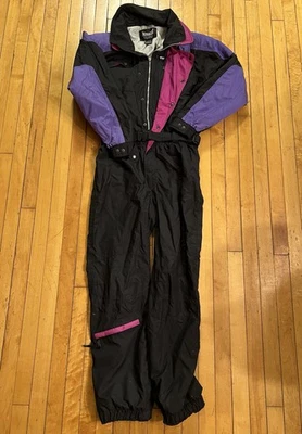 复古 Markers One Piece 雪地服 滑雪 滑雪板 黑色和紫色 尺寸 M — 第 1/4 张图片