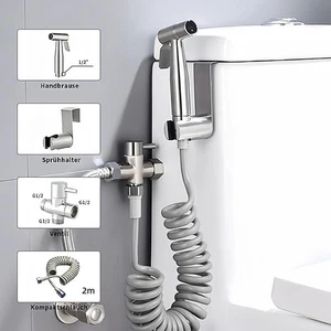 Stainless steel handheld bidet sprayer kit with 3-way valve for toilets. - Picture 1 of 26