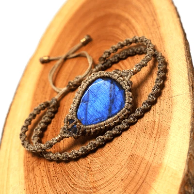 Aurora On Your Wrist~ Natural Labradorite Handmade Macrame Cuff Crystal Bracelet - Image 1 of 4