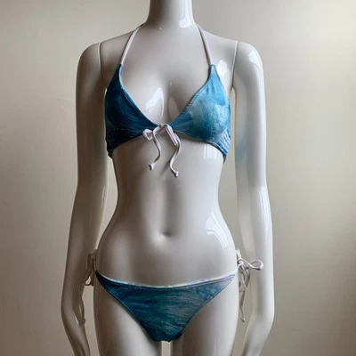 Bikini Aaron Chang Vintage Ocean Wave estampado a cuadros reversible halter lazo lateral Foto 1 de 4