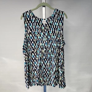 NIC+ZOE 1X Sleeveless Top Blue Multi Abstract Print V-Neck Stretch Tunic Blouse - Picture 1 of 6