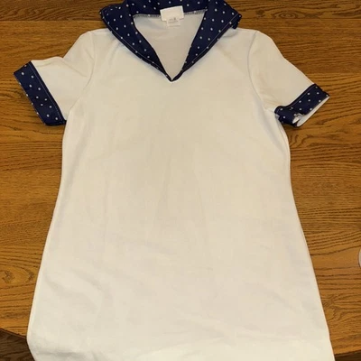Top/cubierta vintage clásica Jantzen M con cuello de lunares azules marinero EE. UU. Foto 1 de 4