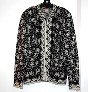 Cárdigan Jm Production Finland Lapponia 100 % lana Fair Isle negro blanco talla: L - Imagen 1 de 7