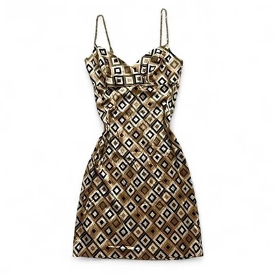 Shoshanna Seda Geométrico Beige Marrón Negro Oro Cadena Tirantes Mini Vestido 6 Foto 1 de 4