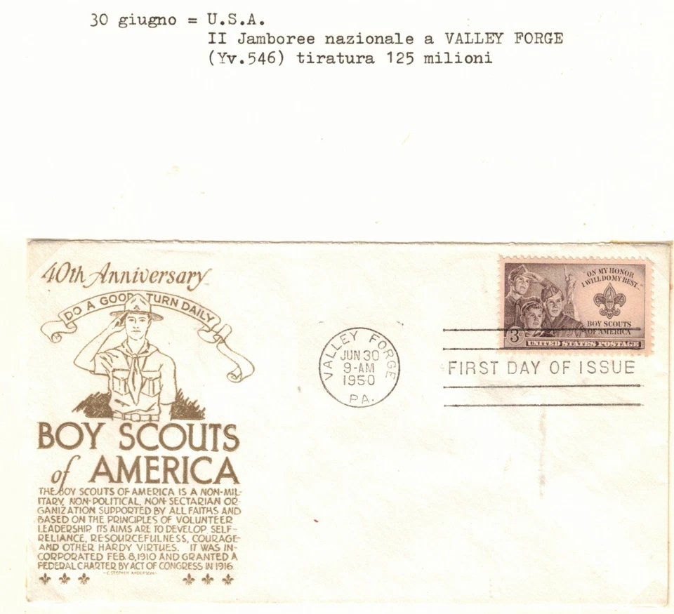 S56388 USA 1950 FDC Scout 40th Ann. Boy Scouts Of America - Image 1 of 1