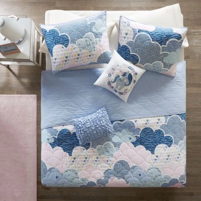 BLUE CLOUDS 5pc Full / Queen QUILT SET : DREAM PINK HEARTS UNICORN COTTON GIRLS - Image 1 of 4