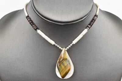 Collar Heishi concha de plata esterlina de 16-1/2" con madreperla y ojo de tigre Foto 1 de 4