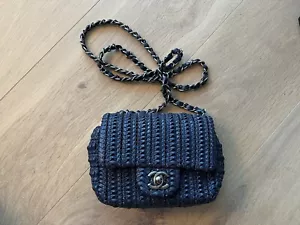 Auth CHANEL Square Mini Flap Classic Crossbody Navy Blue Lambskin Bag Silver HW - Picture 1 of 13