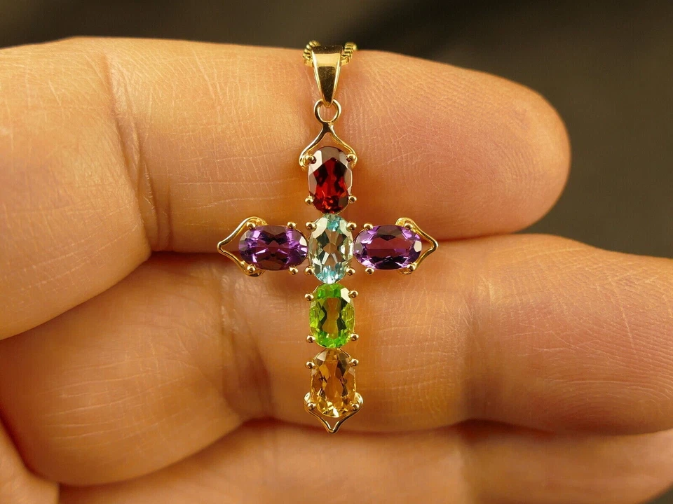 3Ct Oval Cut Lab Created Red Ruby CROSS PENDANT NECKLACE 14k Yellow Gold Plated - Image 1 of 4