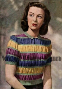 Knitting Pattern Lady's Vintage 1940s Ruched/Striped Sweater With Collar. - Picture 1 of 1