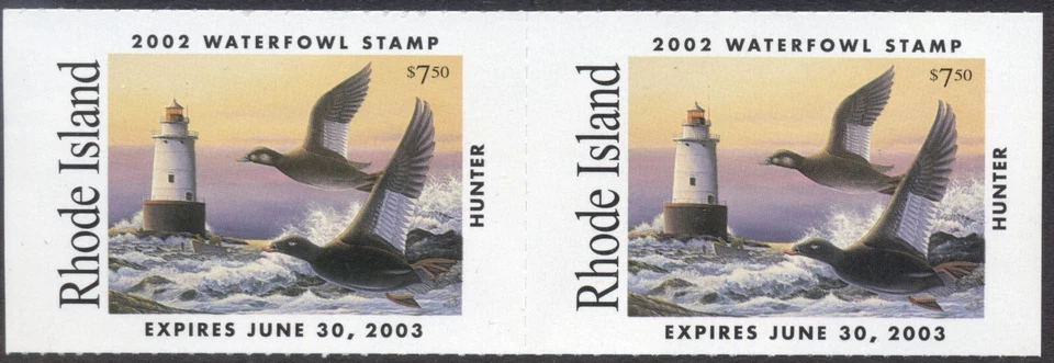 Rhode Island Duck Stamps 2002 Hunter type pair, XF MNH, $7.50 face Scott #14A - Image 1 of 1
