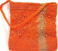 Orange Acrylic Crocheted Purse Handbag w/ Floral Fabric Lining & Tote Handles