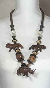 Wooden Safari Necklace Animals Lions Rhino Real Shells Chunky Beads Vintage - Picture 1 of 9
