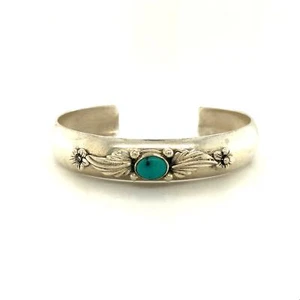 Vintage Signed Sterling Southwest Leaf Flower Turquoise Cuff Bracelet size 6 1/4 - Picture 1 of 9