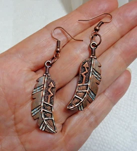 Vintage Copper & silver accents Navajo WJ97 Feather Hook Earrings 6.5 gm - Picture 1 of 6