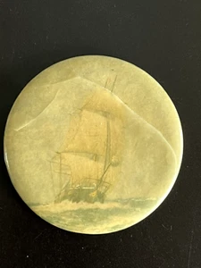 SELTENER VINTAGE TASCHENSPIEGEL groß Segelschiff Laminat gerissen - Bild 1 von 3