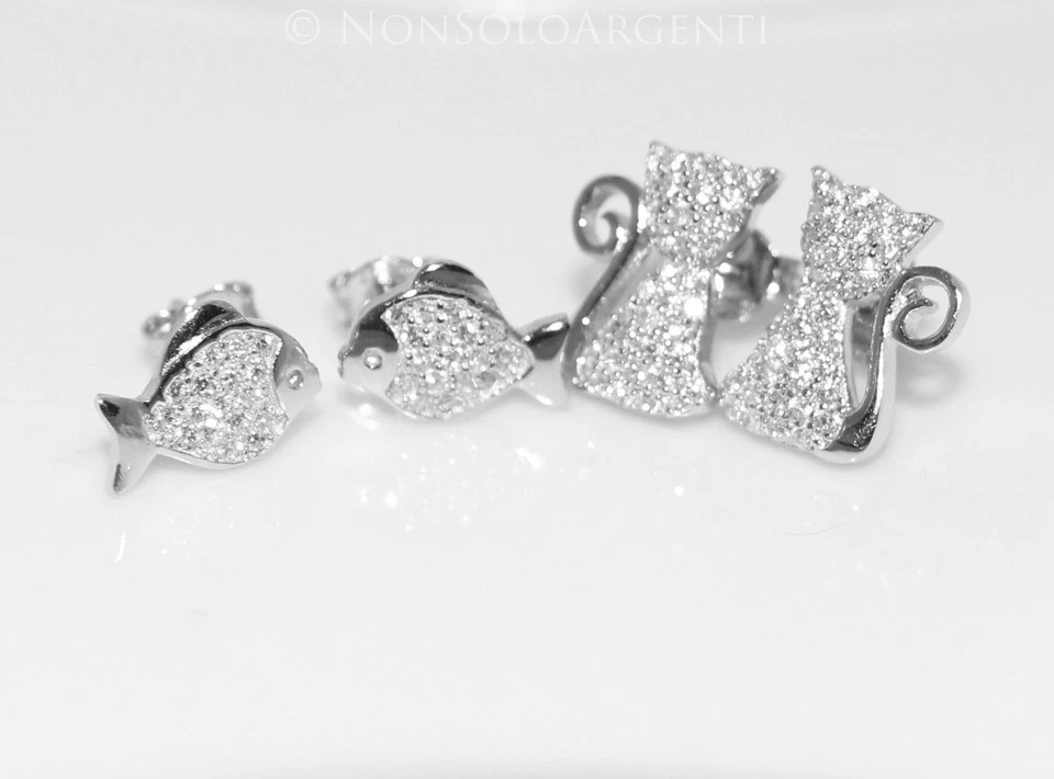 ORECCHINI DONNA ARGENTO 925 PAVE DI ZIRCONI GATTO CODA RICCIOLO PESCE PESCIOLINO - Immagine 1 di 1