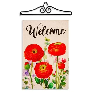 G128 Hanger 14IN & Garden Flag Spring Welcome Red Orange Flowers Printed 12x18IN - Picture 1 of 9