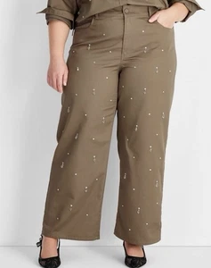 Future Collective Wide Leg Mid-Rise Olive Embellished Pants Size 24 - Picture 1 of 12