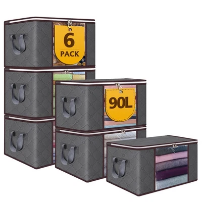 Paquete de 6 bolsas de almacenamiento grandes de 90 L contenedores de ropa plegables con cremallera y tapas armario Foto 1 de 4