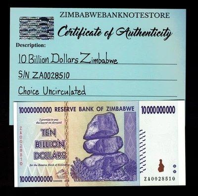 Auténtico billete de repuesto de 10 mil millones de dólares de Zimbabwe ZA 2008 UNC ZA0028510 Foto 1 de 3