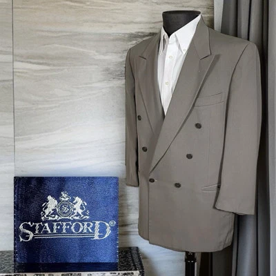 Abrigo Deportivo Stafford Hecho en EE. UU. Para Hombres 44L Tostado Poliéster Sólido Pico Doble Pecho Foto 1 de 4