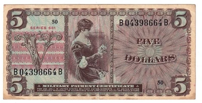Vietnam Military Payment Certificate 5 Dollars Series 661 Serial # B 04398664 B - Image 1 of 2