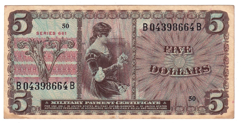 Vietnam Military Payment Certificate 5 Dollars Series 661 Serial # B 04398664 B - Image 1 of 2