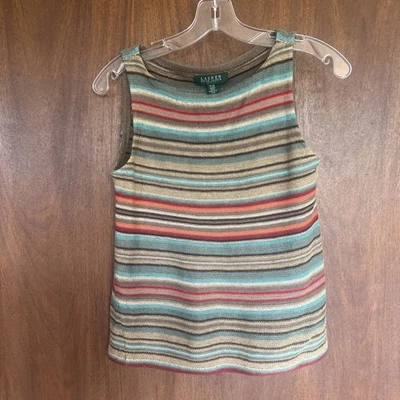 Lauren Ralph Lauren 亚麻丝绸混纺背心女式 PXS Earthy 70 年代针织复古波西米亚 — 第 1/4 张图片