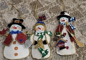 3 Metal Snowman Ornaments Sparkly Glitter  - Picture 1 of 10