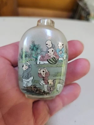Винтажная китайская прозрачная баночка для нюхательного табака с обратной росписью - Изображение 1 из 4