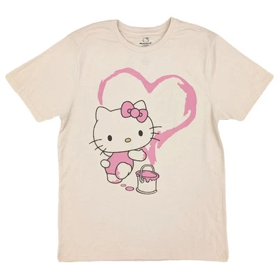 Sanrio Hello Kitty Mens Biege Short Sleeve Pink Heart Graphic Tee Shirt Small - Image 1 of 2