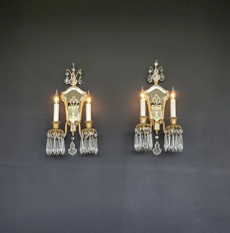 Pair Antique American Caldwell era Brass Crystal Mirror Backed Sconces 1920s Cover