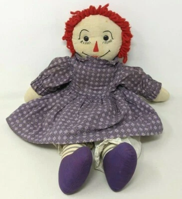 VTG 1970s Handmade Sewn Stitched 19" Raggedy Ann Cloth Doll Purple Floral Dress - Image 1 of 4