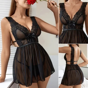 Women's Lingerie Lace Floral V-neck Mini Dress Nightgown Nightdress Sleepwear US - Picture 1 of 14