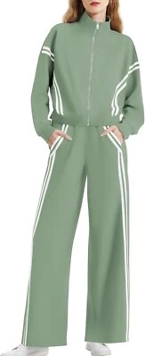 Conjunto de moletom feminino 2 peças roupas lounge com zíper contraste listrado calça perna larga - Imagem 1 de 3