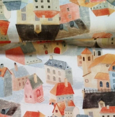 Stoff Meterware Baumwollstoff Patchwork 50 cm Häuser Abstrakt Haus Winterstadt - Bild 1 von 4