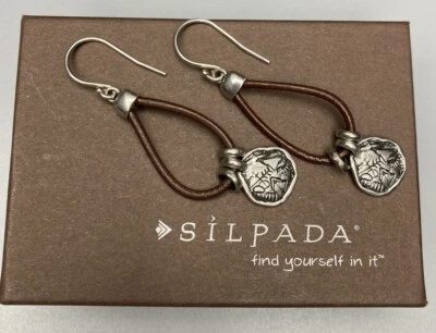 Silpada Sterling Silver 925 Brown Leather PRAIRIE GIRL Charm Earrings W2179 - Image 1 of 4