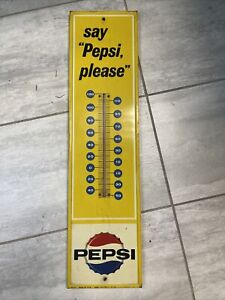 Vintage Thermometer Sign Say Pepsi Please w Wood & Tube Soda Advertising 1965